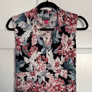Vince Camuto Black Floral Sleeveless V-Neck Top with Pink & Cream Blooms Size PL